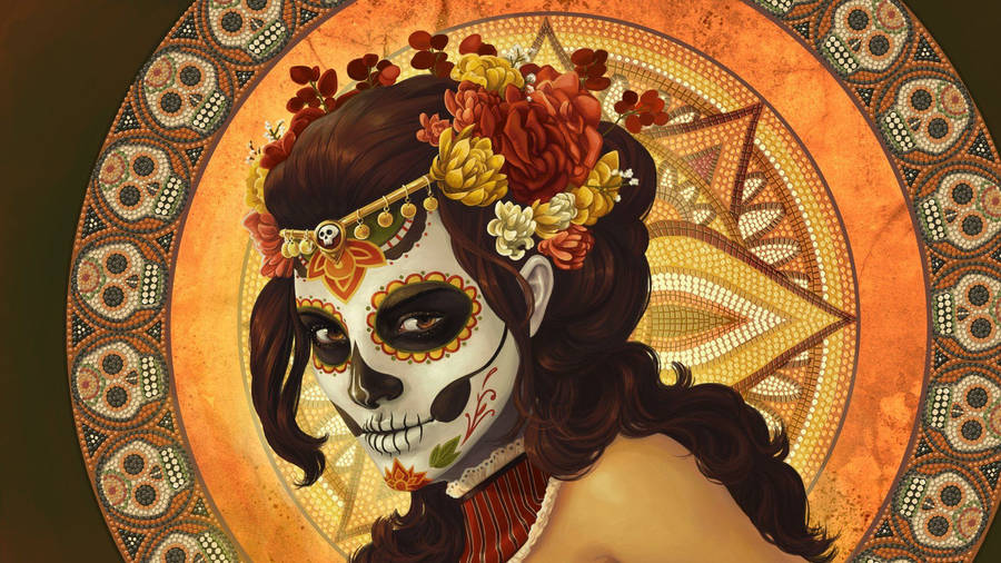 Yellow Theme Sugar Skull Girl Wallpaper