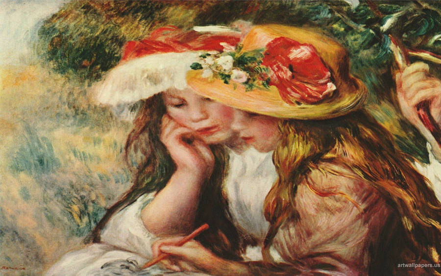 Young Girls With A Hat By Renoir Wallpaper