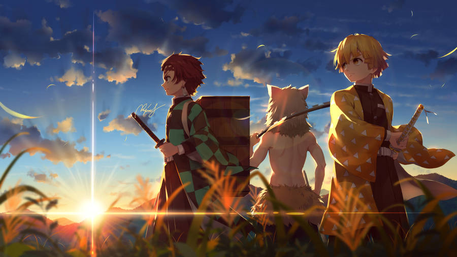 Zenitsu And Friends Sunset Wallpaper