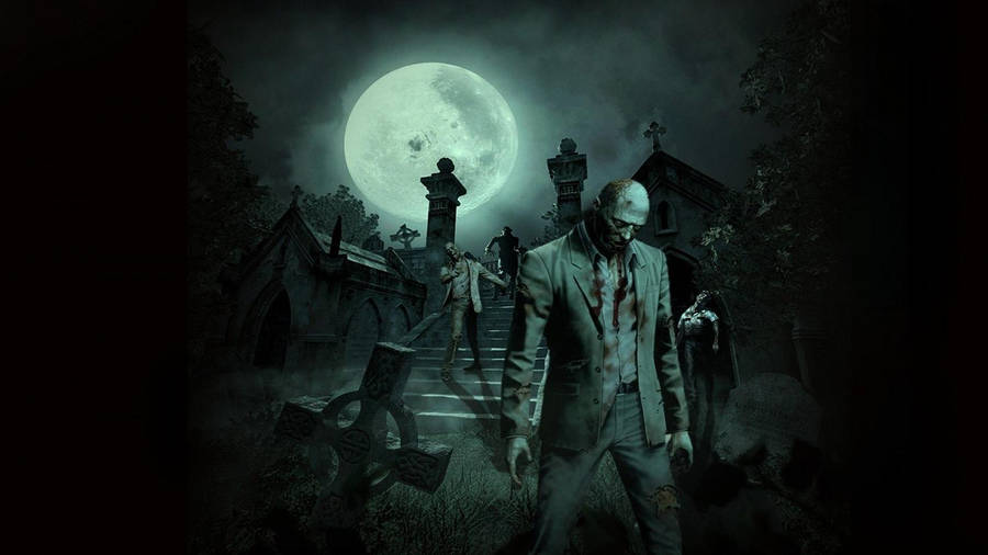 Zombies Walking In Gothic Graveyard Wallpaper