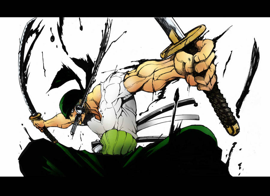 Zoro Hd Wielding Swords White Background Wallpaper