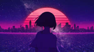 2048x1152 Aesthetic Retro Anime Girl Pink City Wallpaper
