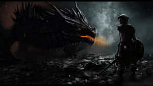 2560 X 1440 Skyrim Fire Dragon And Man Wallpaper