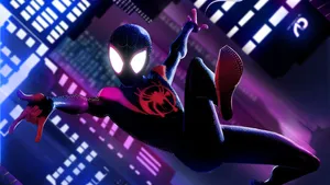 3d Miles Morales Neon Buildings Wallpaper