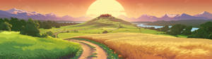 4k Dual Monitor Art Of Grassy Field At Sunset Wallpaper