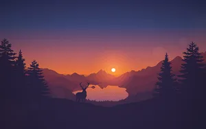 4k Flat Sunset Reindeer And Pine Trees Wallpaper