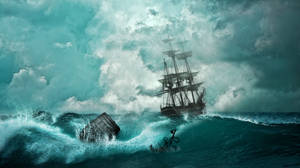 4k Pirate Ship Caught In Strong Waves Wallpaper