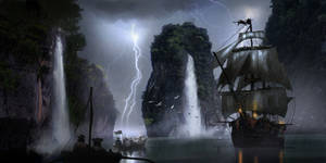 4k Pirate Ship During Thunder Storm Wallpaper