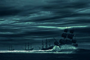 4k Pirate Ships During Stormy Night Wallpaper