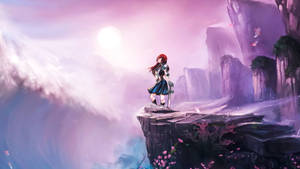 4k Spring Girl Sword Cliff Wallpaper