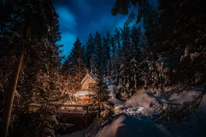 4k Tablet Snow Cabin Wallpaper