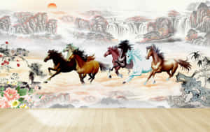 7 Horses Galloping Through Orange Mist Wallpaper