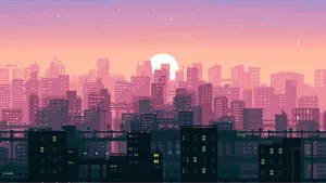 8bit Pixel Anime City Sunset Wallpaper