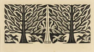 A Black And White Drawing Of A Tree With Birds Wallpaper