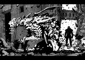 A Black And White Image Of A Man Walking Through A City Wallpaper