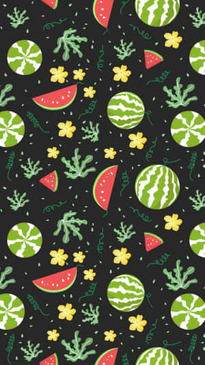 A Black And White Pattern With Watermelon And Other Fruits Wallpaper