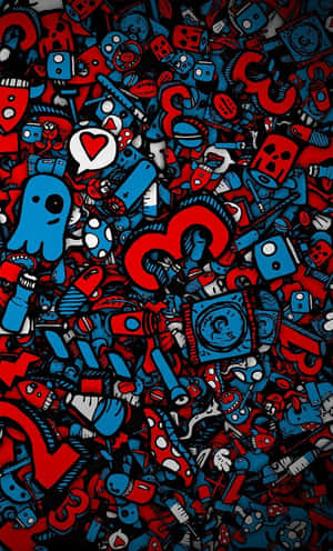 A Black Background With Many Red And Blue Doodles Wallpaper