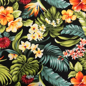 A Black Fabric With Tropical Flowers And Leaves Wallpaper