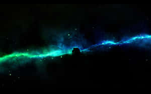 A Blue And Green Space With A Spaceship In The Background Wallpaper