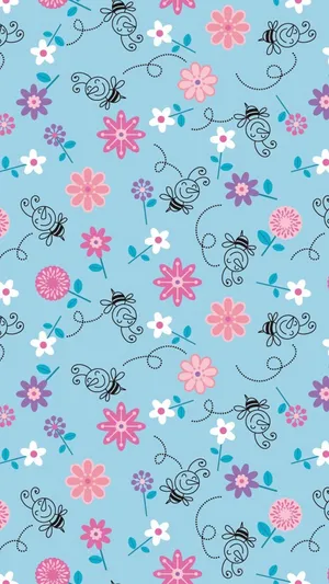 A Blue And Pink Floral Pattern With Butterflies And Flowers Wallpaper