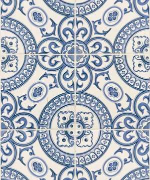 A Blue And White Tile With A Circular Design Wallpaper