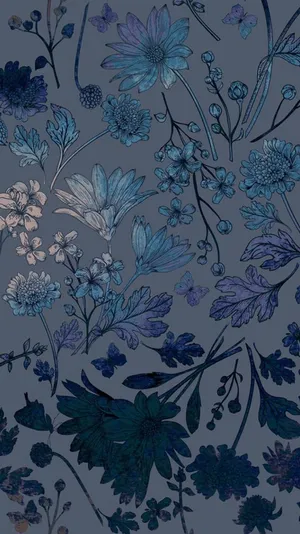 A Blue Floral Pattern On A Gray Background Wallpaper
