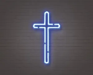 A Blue Neon Cross On A Brick Wall Wallpaper