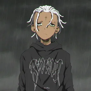 A Boy With White Hair Standing In The Rain Wallpaper