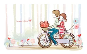 A Cartoon Couple Riding A Bicycle With Hearts Wallpaper
