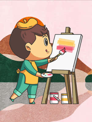 A Cartoon Illustration Of A Girl Painting On An Easel Wallpaper