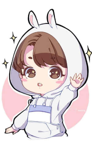 A Cartoon Of A Boy In A Bunny Hoodie Waving Wallpaper