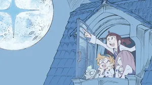 A Cartoon Of A Girl And Her Friends Looking Out Of A Window Wallpaper