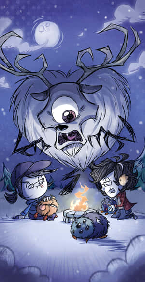 A Cartoon Of A Group Of People With A Deer In The Snow Wallpaper
