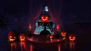 “a Chilling Halloween Scene Featuring Pumpkins And Candles” Wallpaper