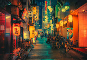 A City Street With Bicycles Parked In It Wallpaper