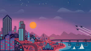 A City With A Boat And Airplanes At Night Wallpaper