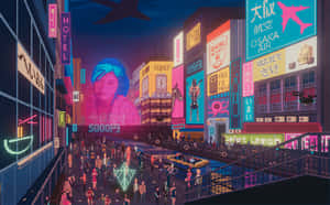 A City With Neon Signs And People Walking Around Wallpaper