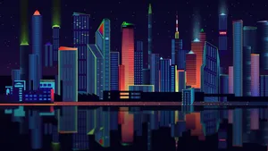 A Cityscape With Colorful Buildings At Night Wallpaper