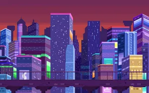 A Cityscape With Neon Lights And Buildings Wallpaper