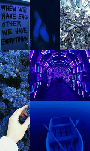 A Collage Of Blue Pictures With A Hand And A Boat Wallpaper