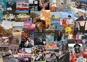 A Collage Of Photos Of People And Cars Wallpaper