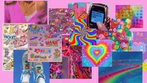 A Collage Of Pictures Of A Girl With A Pink Phone Wallpaper