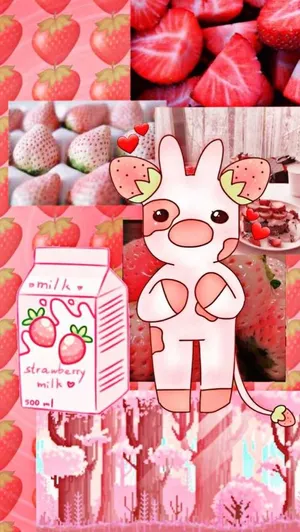 A Collage Of Pink Pictures With A Cow And Strawberries Wallpaper