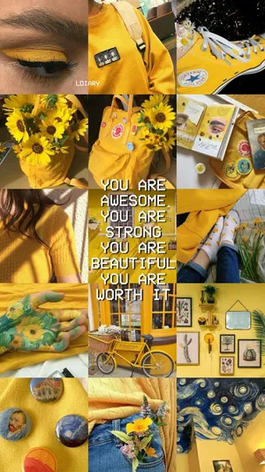 A Collage Of Yellow Pictures With Flowers And A Bicycle Wallpaper