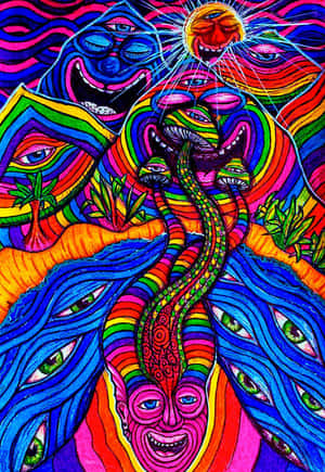 A Colorful Psychedelic Painting With A Rainbow And A Rainbow Wallpaper