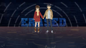 A Couple Of People Standing In Front Of A Dark Background Wallpaper