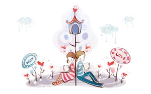 A Couple Sitting On A Tree With Hearts And Flowers Wallpaper