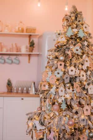 A Cozy Aesthetic Christmas Tree Adorned With Ornaments, Candy Canes And Rustic Decorations. Wallpaper