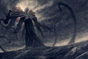 A Dark Figure Standing In The Water Wallpaper