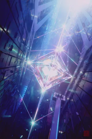 A Digital Painting Of A City With A Bright Light Shining Through It Wallpaper